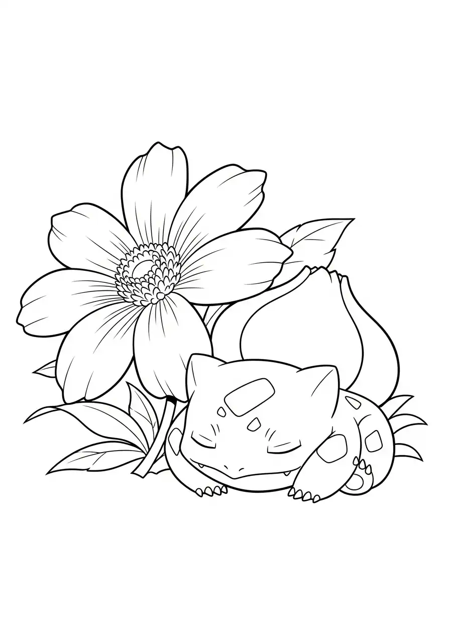 slapende bulbasaur met bloem kleurplaat
