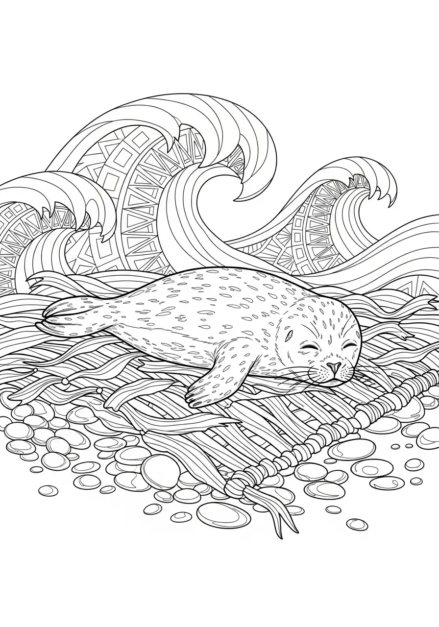 slapende zeehond bij golven kleurplaat