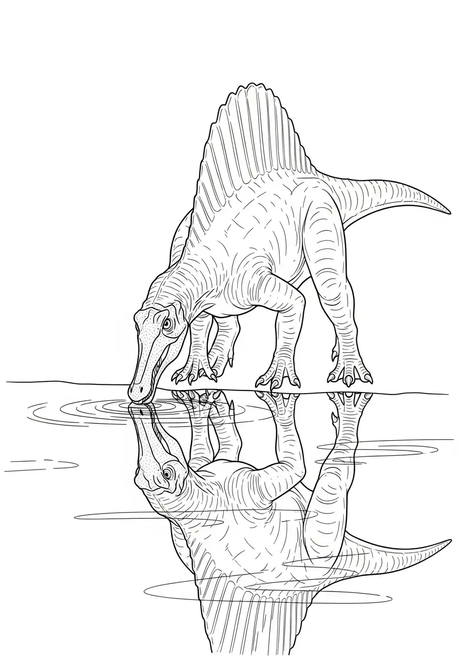spinosaurus drinkt met reflectie kleurplaat