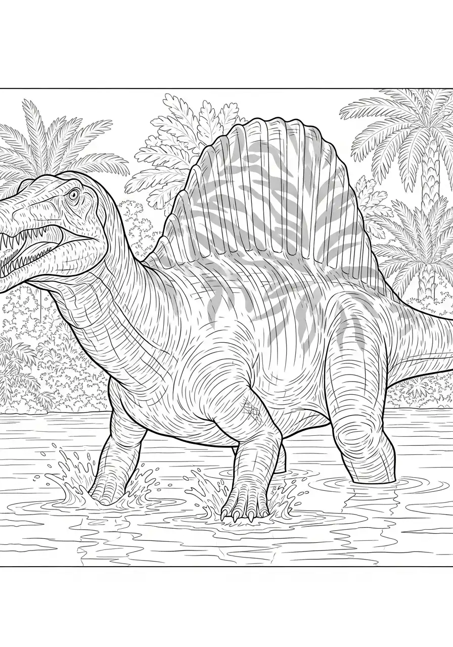 spinosaurus in ondiepe rivier kleurplaat