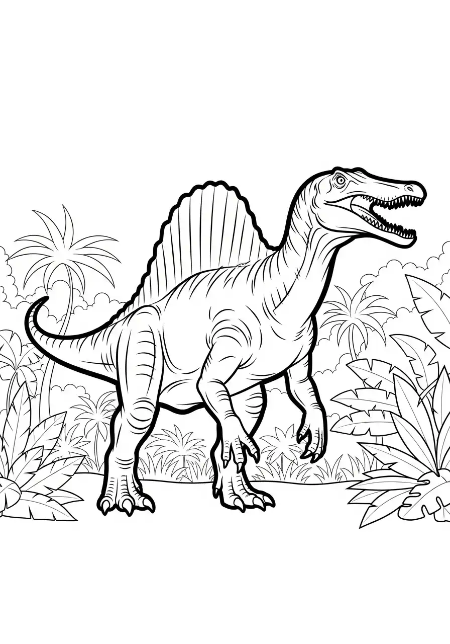 spinosaurus in tropische jungle kleurplaat