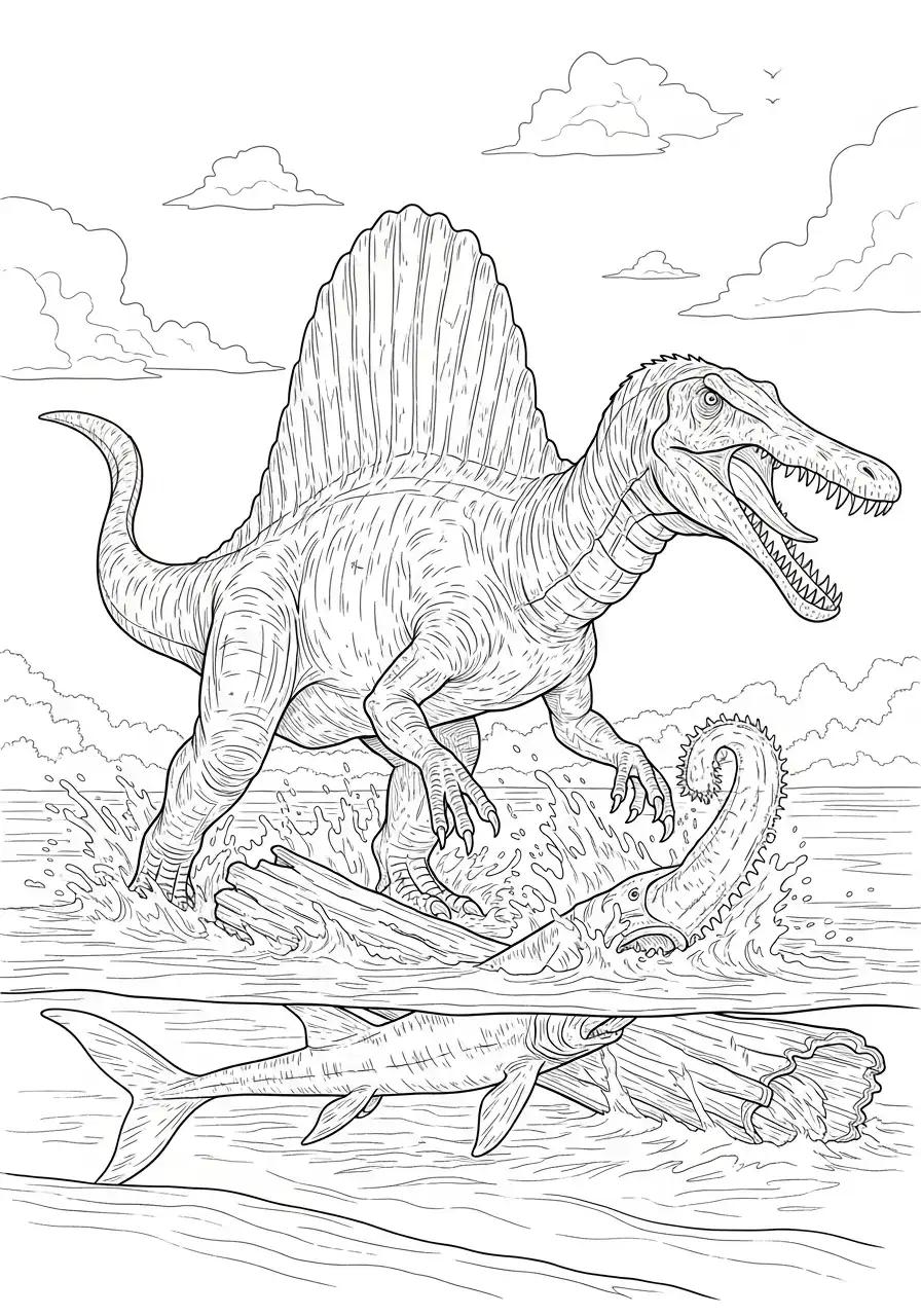 spinosaurus vangt vis in rivier kleurplaat