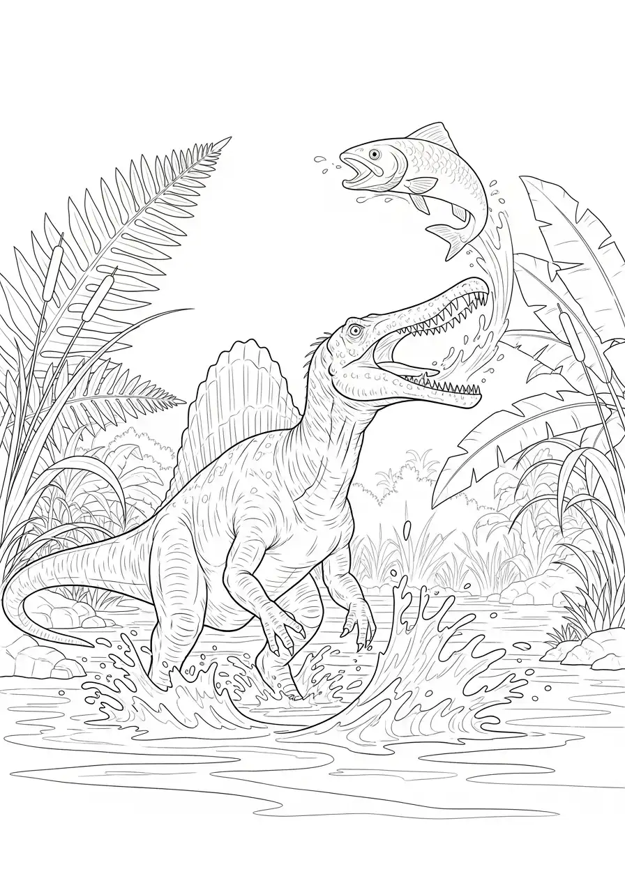 spinosaurus vist in het moeras kleurplaat