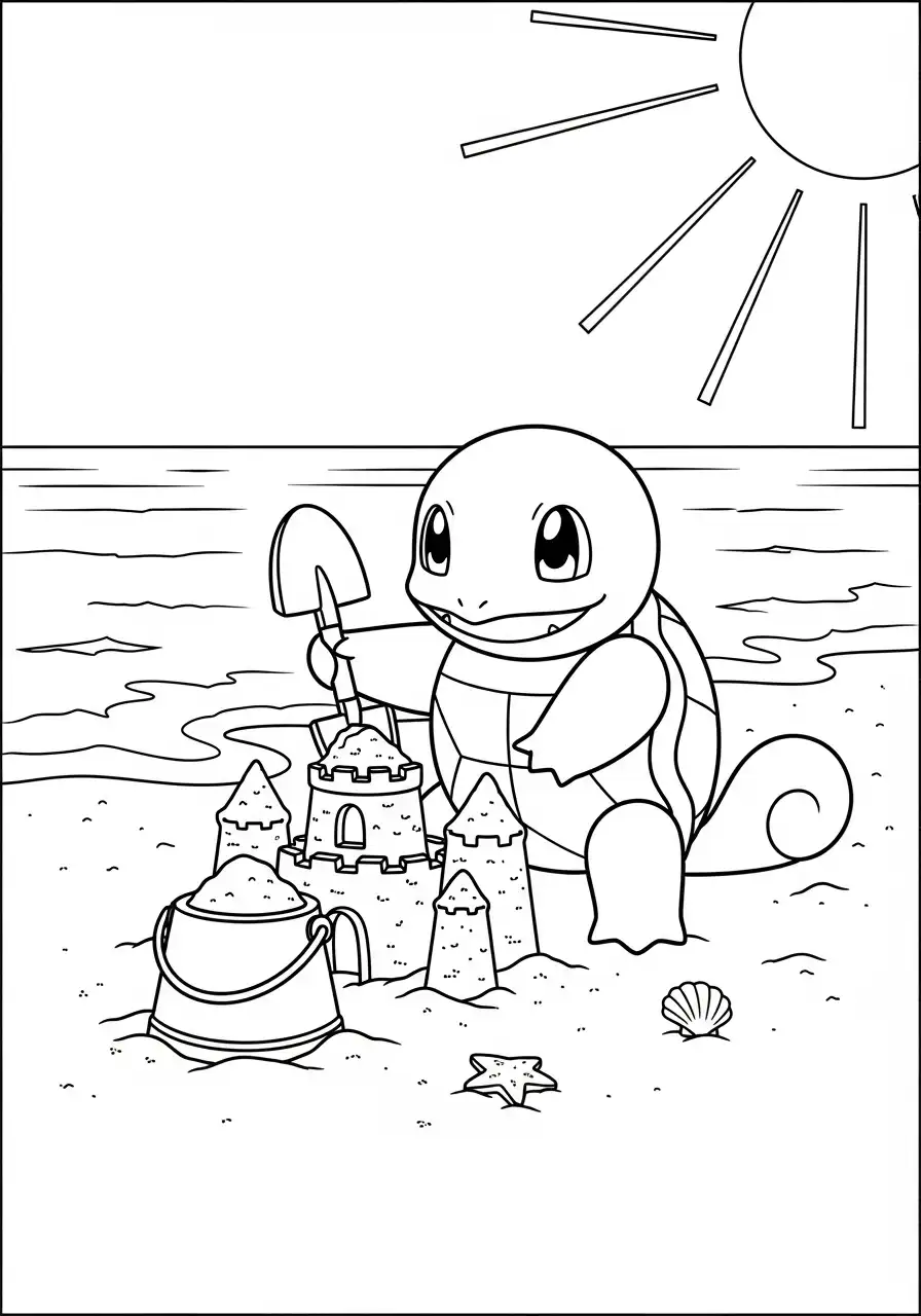 Squirtle Kleurplaat 10 squirtle bouwt zandkasteel kleurplaat