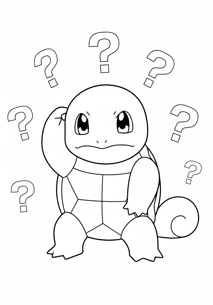 Squirtle Kleurplaat 11 squirtle denkt na met vraagtekens kleurplaat