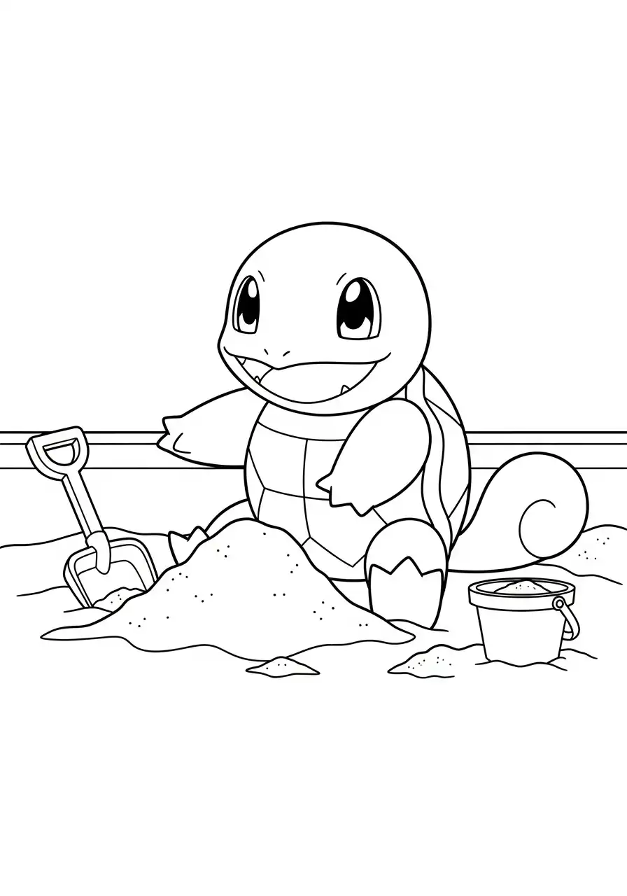 Squirtle Kleurplaat 31 squirtle speelt met zand en schep kleurplaat