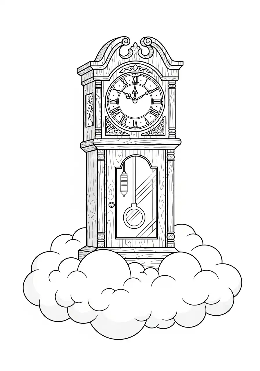 staande klok grote klok op wolken kleurplaat