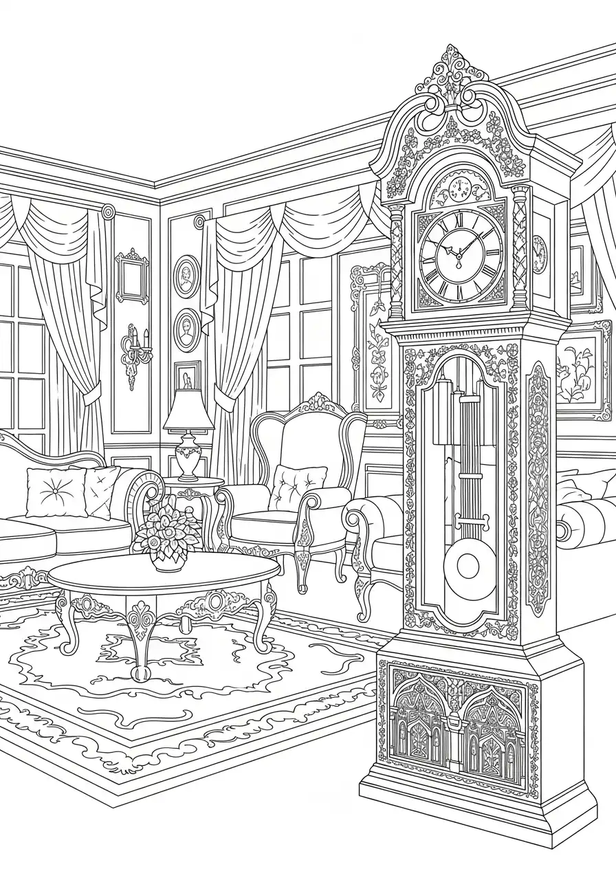 staande klok in chique woonkamer kleurplaat