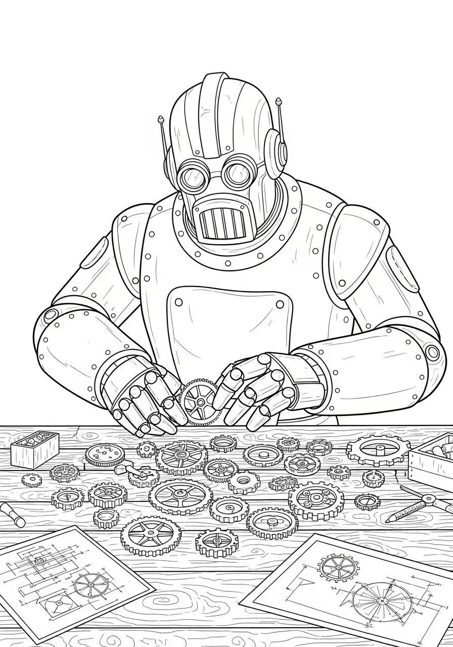 steampunk robot en tandwielen kleurplaat