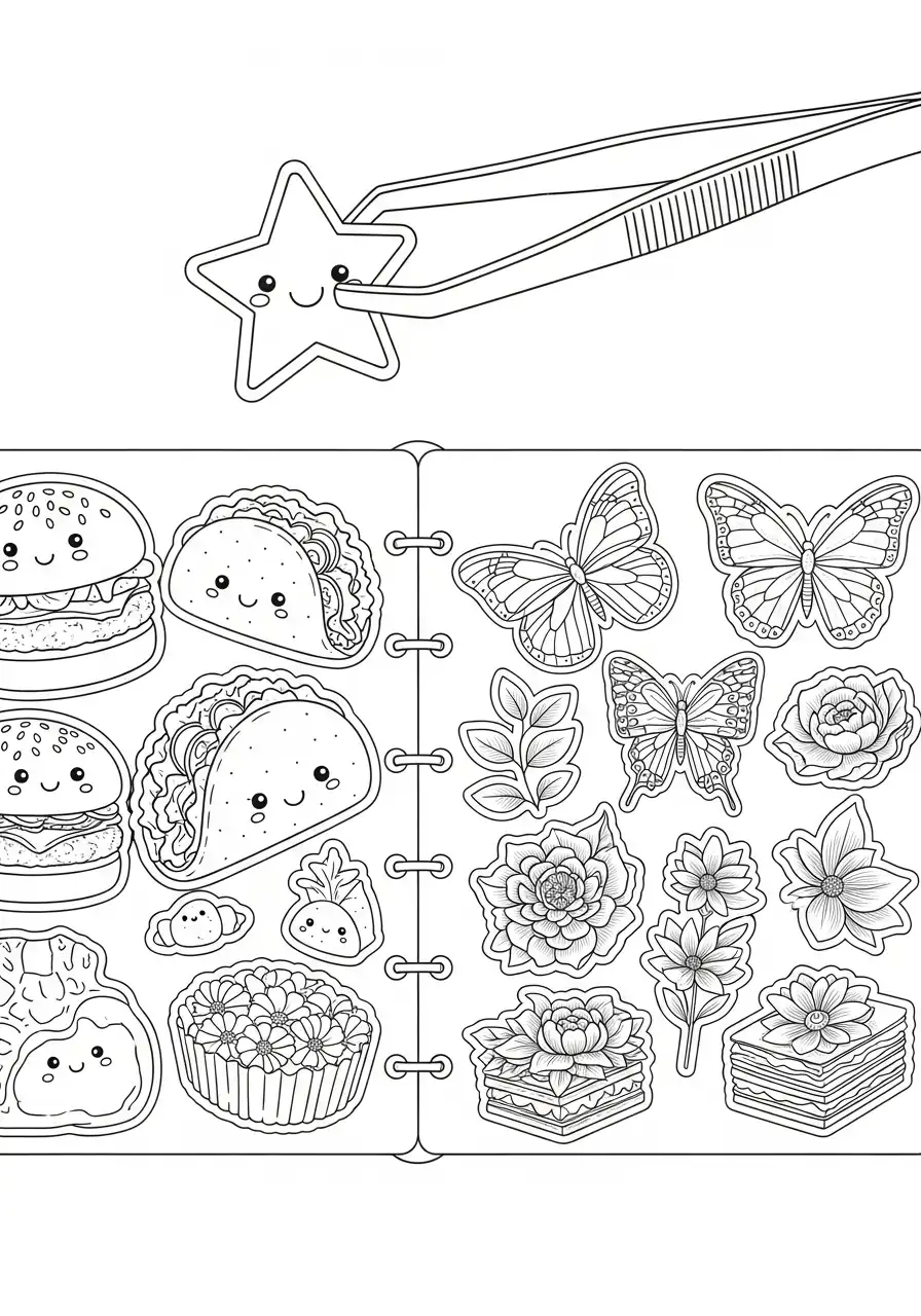 Kleurplaat Sticker 31 stickerboek kawaii eten en bloemen kleurplaat