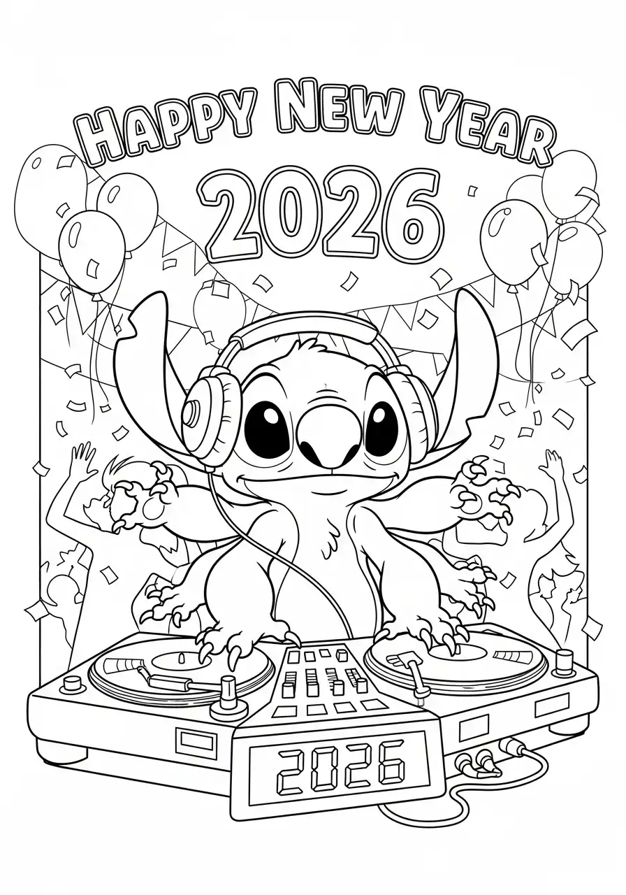 stitch als dj op nieuwjaarsfeest 2026 kleurplaat