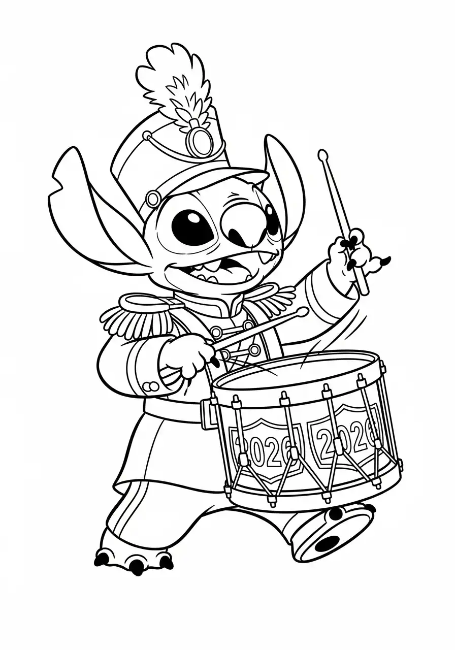 stitch als drummer in uniform 2026 kleurplaat