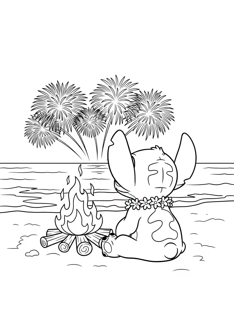 stitch bij kampvuur kijkt naar vuurwerk kleurplaat