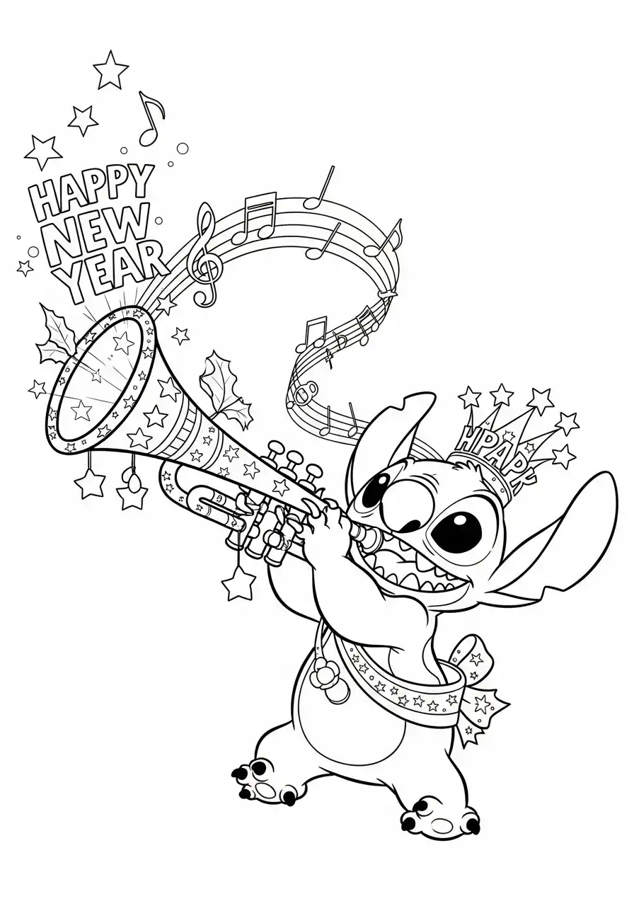 stitch blaast op nieuwjaarstrompet kleurplaat