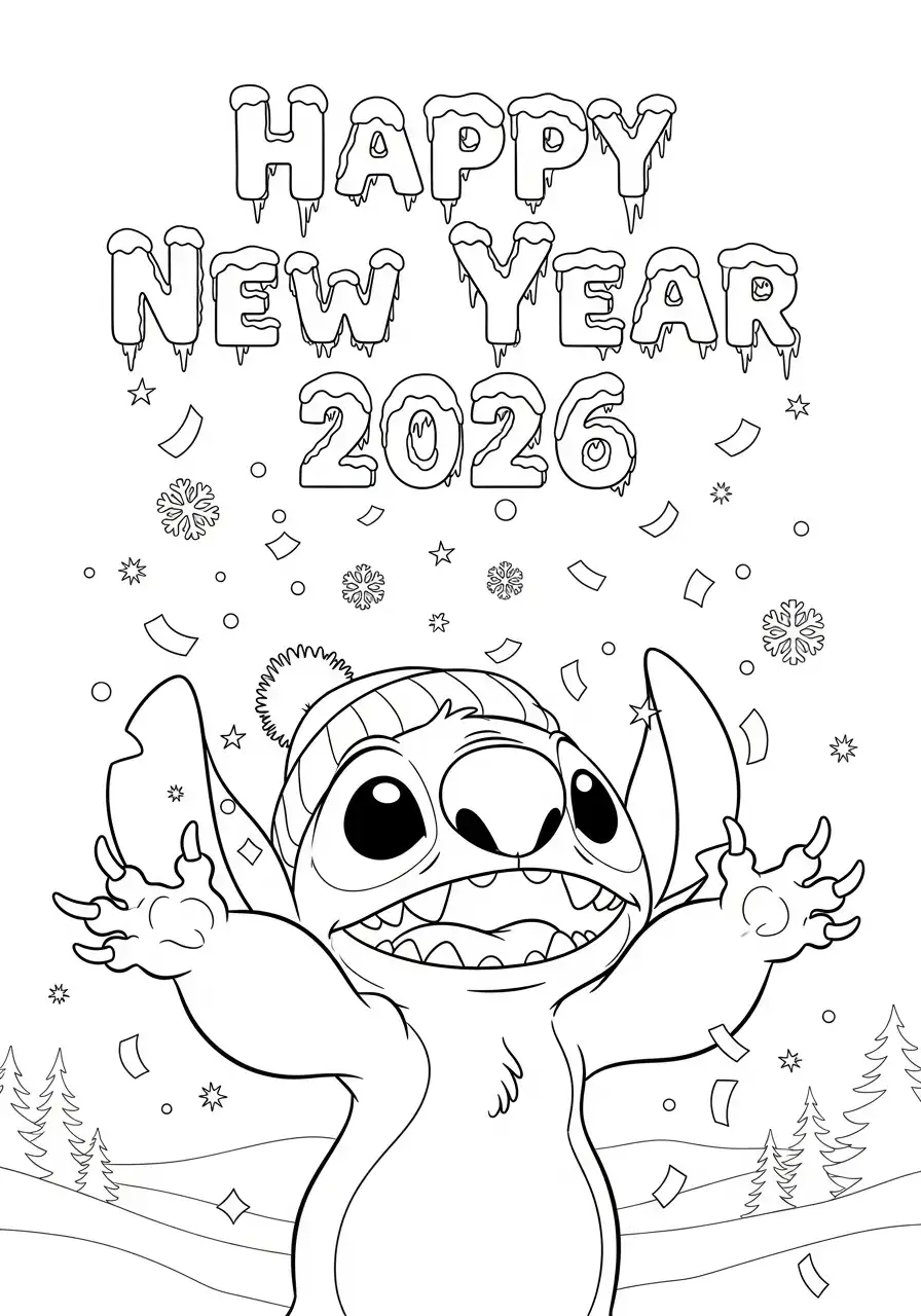 stitch in sneeuw viert nieuwjaar 2026 kleurplaat