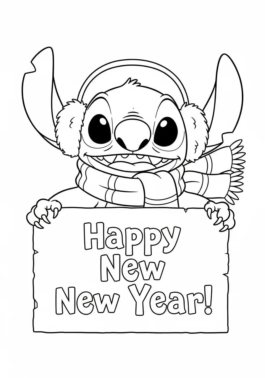 stitch in winterkleding met nieuwjaarsbord kleurplaat