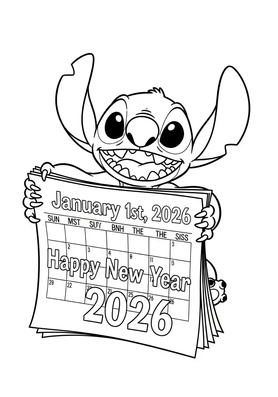 stitch met nieuwjaarskalender 2026 kleurplaat