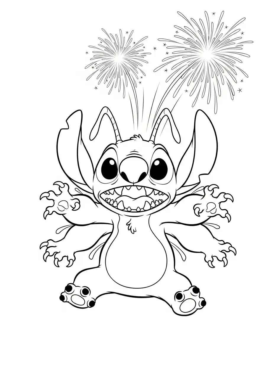 stitch met zes armen en vuurwerk kleurplaat