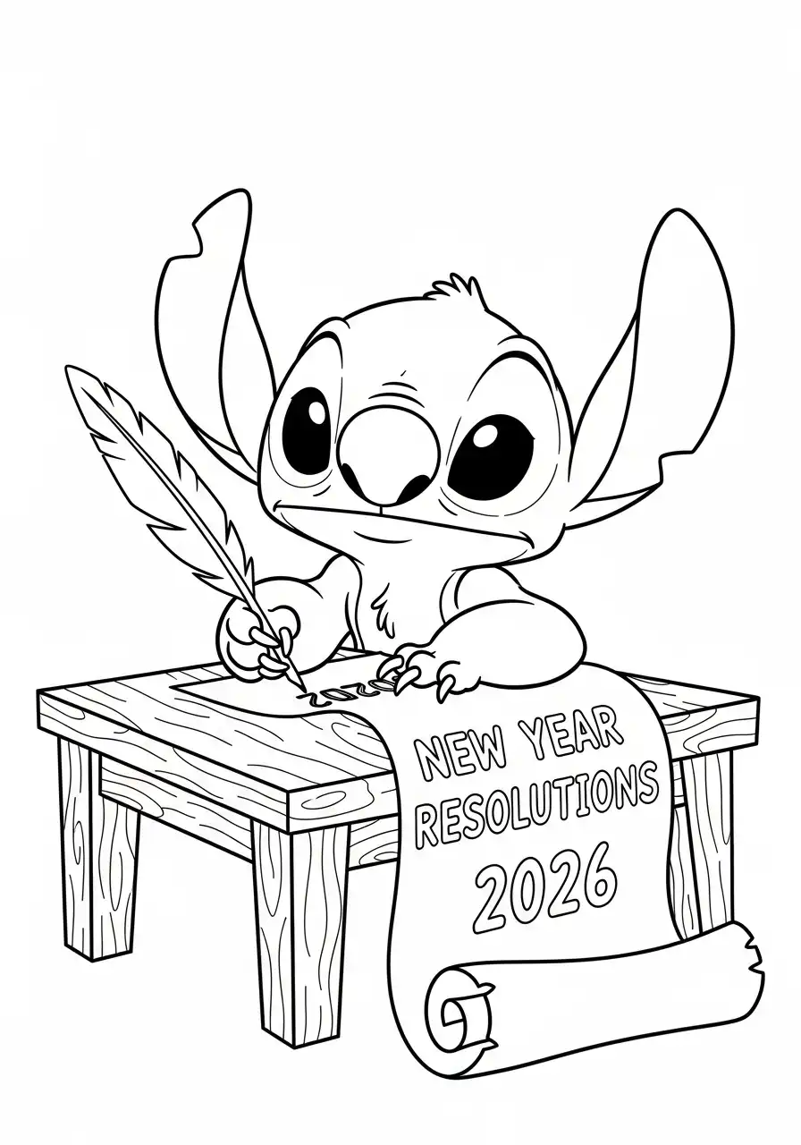 stitch schrijft goede voornemens 2026 kleurplaat