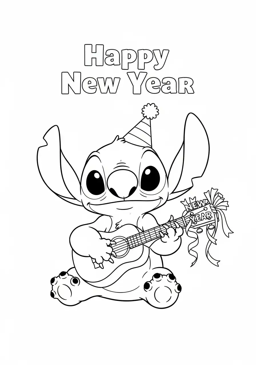stitch speelt gitaar voor nieuwjaar kleurplaat