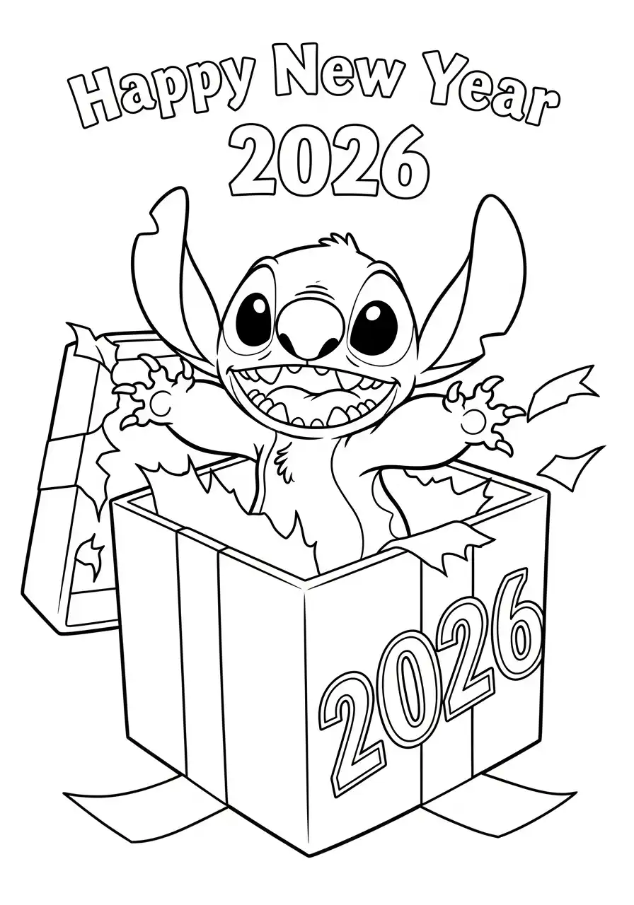 stitch springt uit cadeau doos 2026 kleurplaat