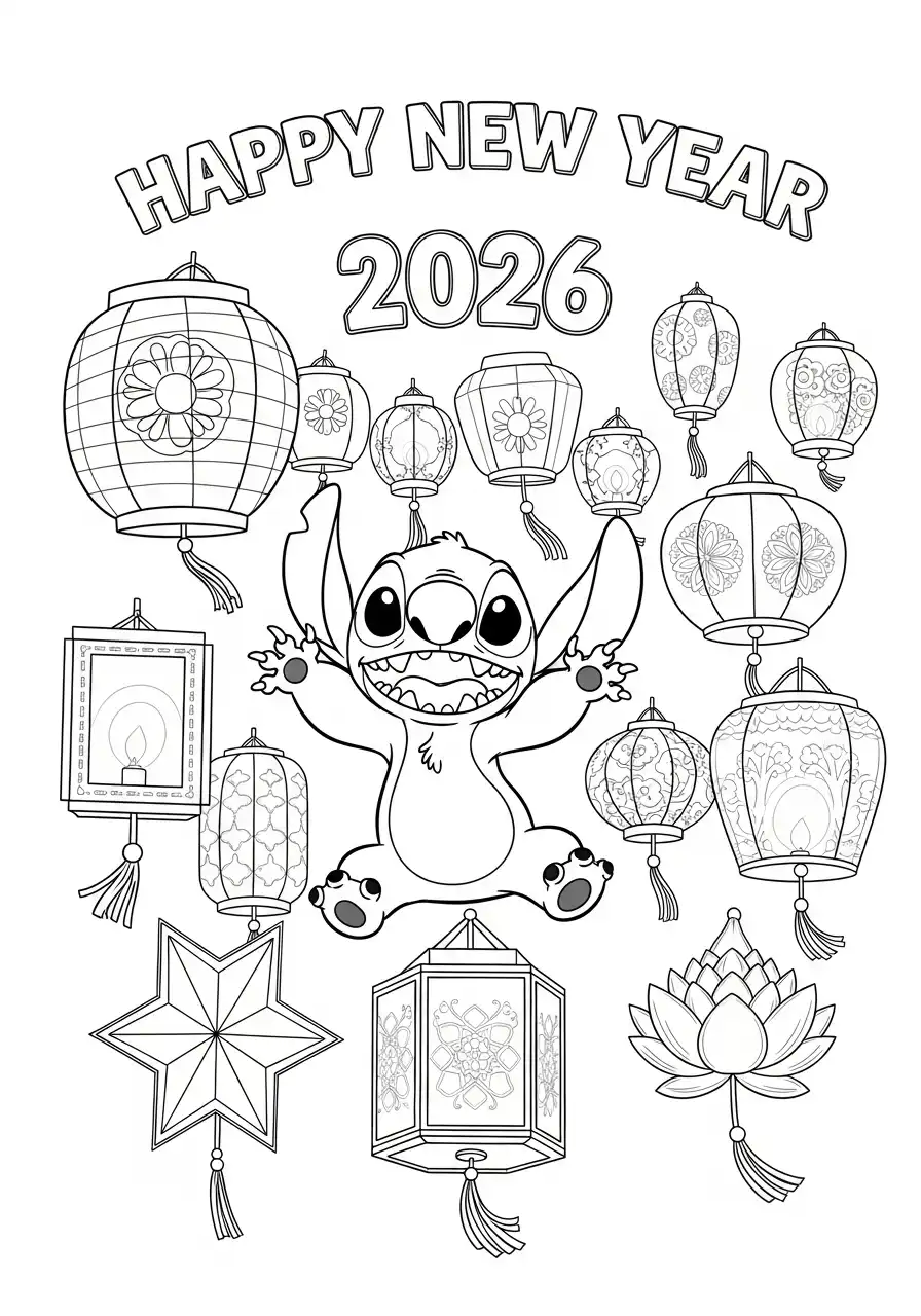 stitch tussen lantaarns 2026 kleurplaat