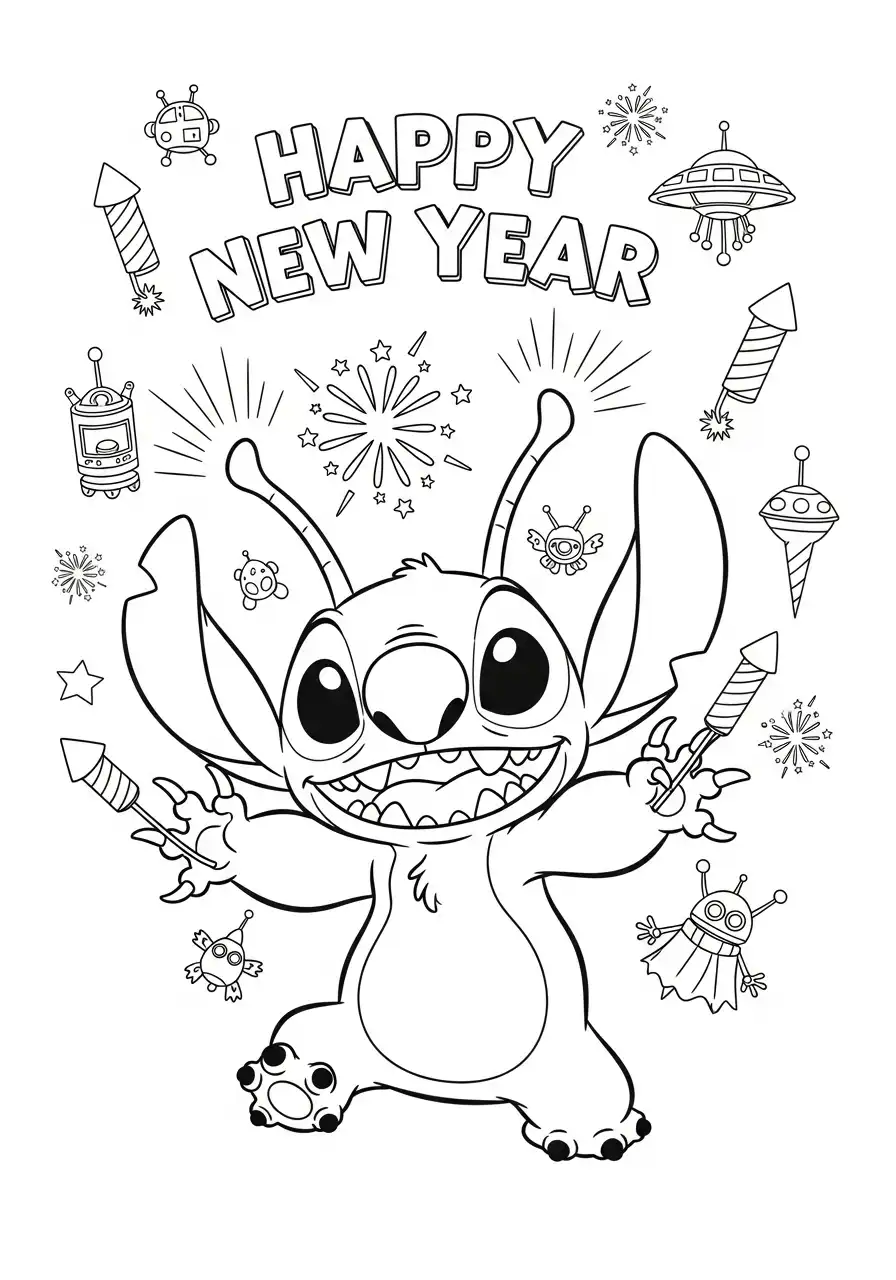 stitch tussen vuurwerk en aliens kleurplaat