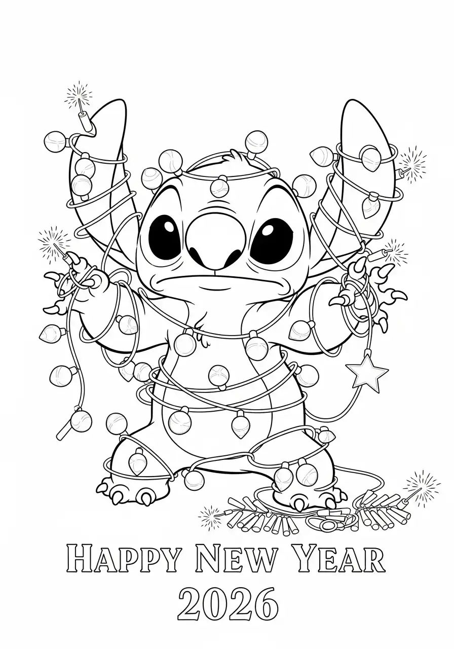 stitch verstrikt in kerstverlichting 2026 kleurplaat