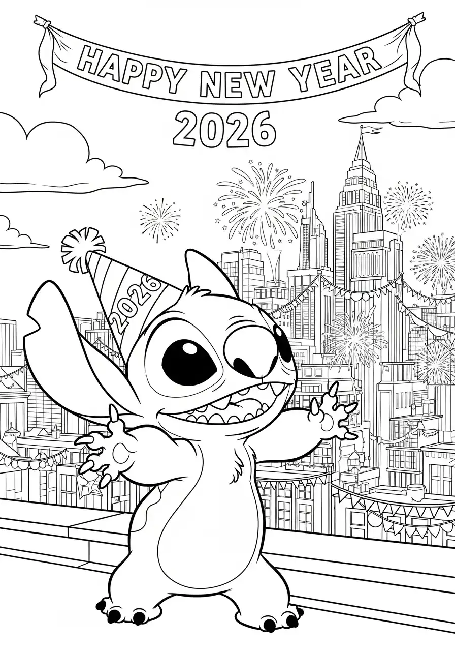 stitch viert nieuwjaar in stad 2026 kleurplaat