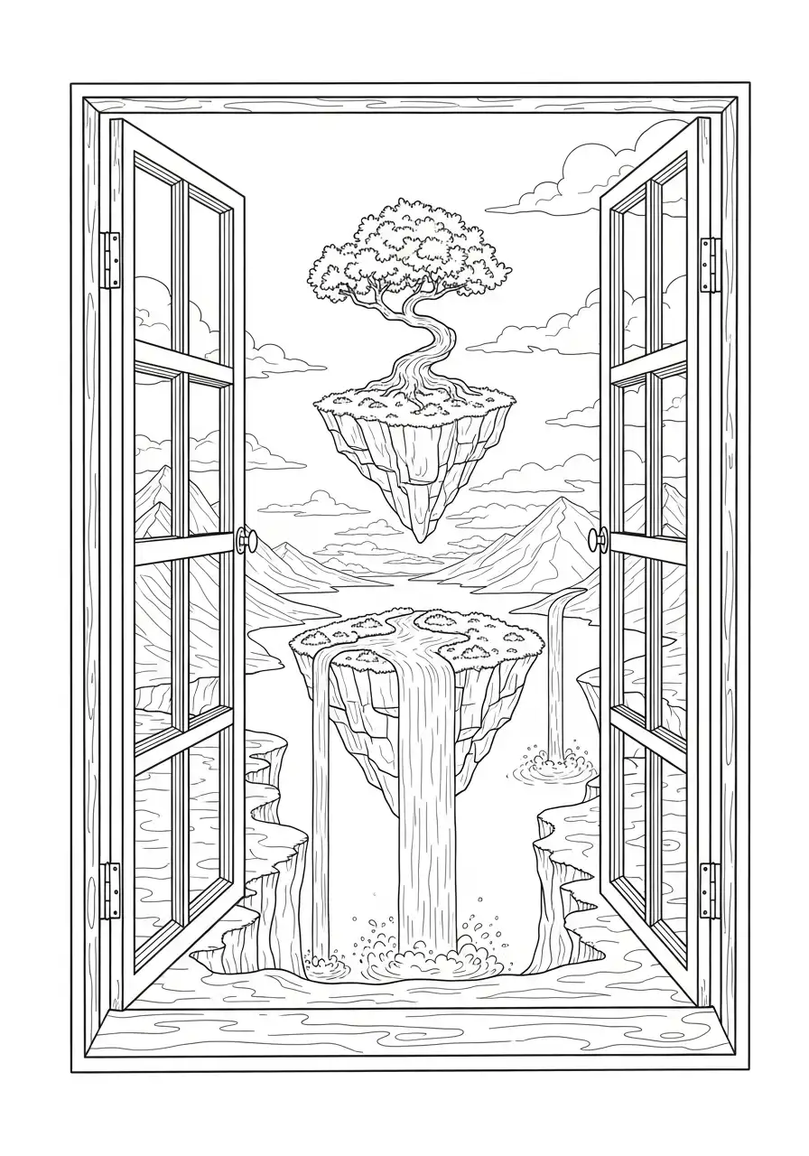 Kleurplaat Optische illusies 33 surrealistisch landschap door raam kleurplaat