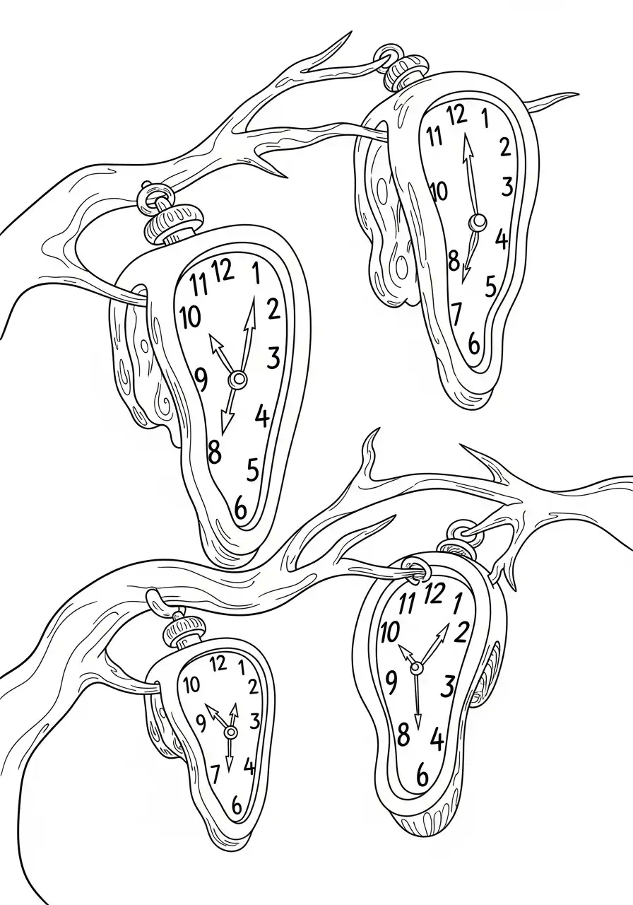 Kleurplaat Optische illusies 32 surrealistische smeltende klokken kleurplaat