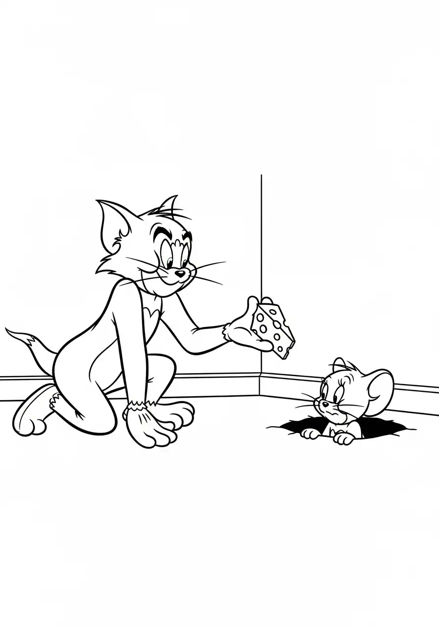 Kleurplaat Tom en Jerry 14 tom biedt jerry kaas aan bij muizenhol kleurplaat