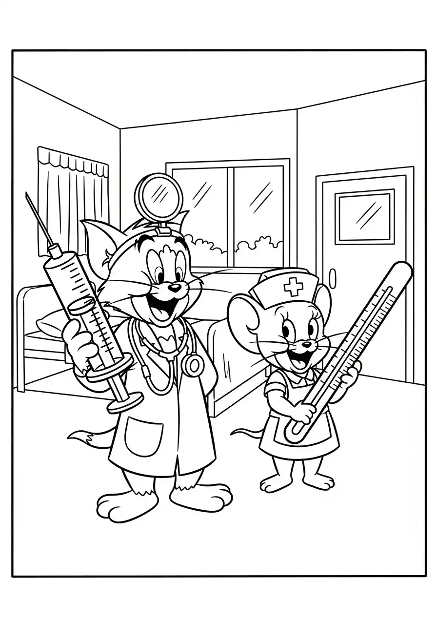 Kleurplaat Tom en Jerry 15 tom dokter jerry verpleegster kleurplaat