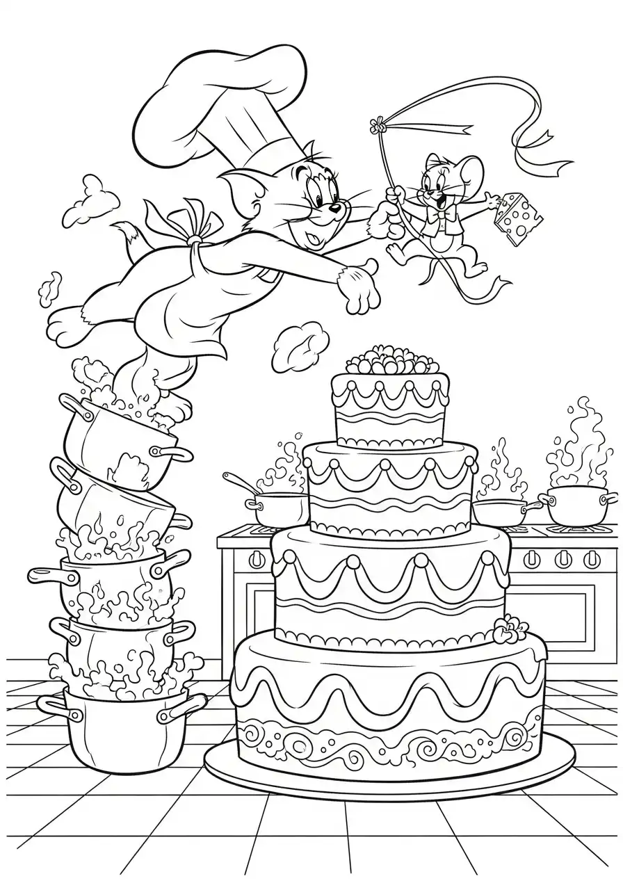 Kleurplaat Tom en Jerry 16 tom en de grote taart chef kok kleurplaat
