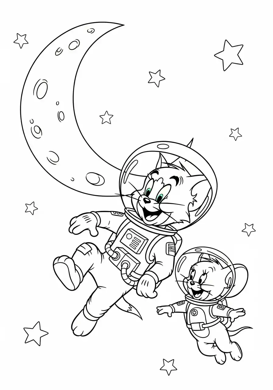 Kleurplaat Tom en Jerry 17 tom en jerry als astronauten bij de maan kleurplaat
