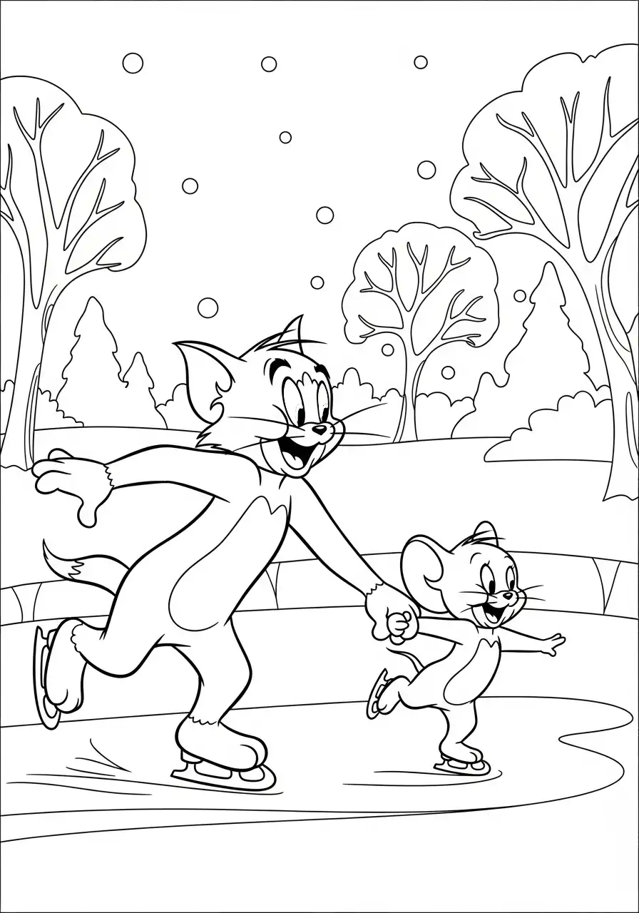 Kleurplaat Tom en Jerry 21 tom en jerry houden elkaar vast tijdens schaatsen kleurplaat