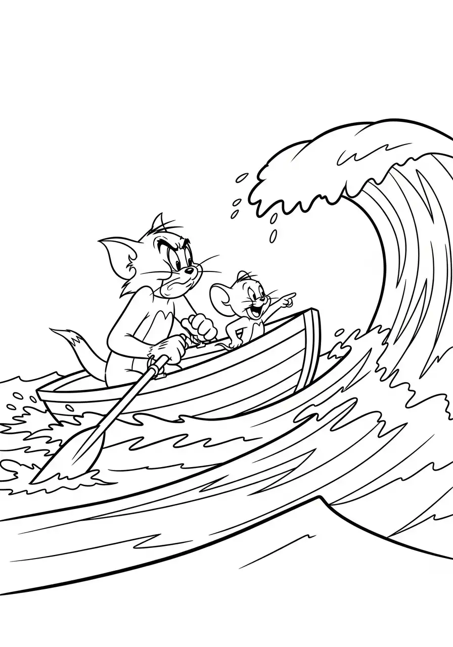 Kleurplaat Tom en Jerry 22 tom en jerry in roeiboot op grote golf kleurplaat