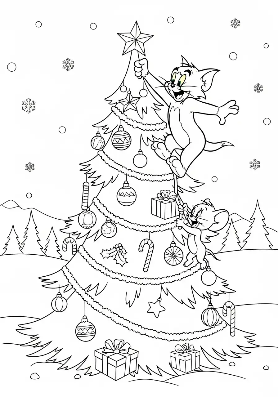 Kleurplaat Tom en Jerry 23 tom en jerry kerstboom versieren kleurplaat