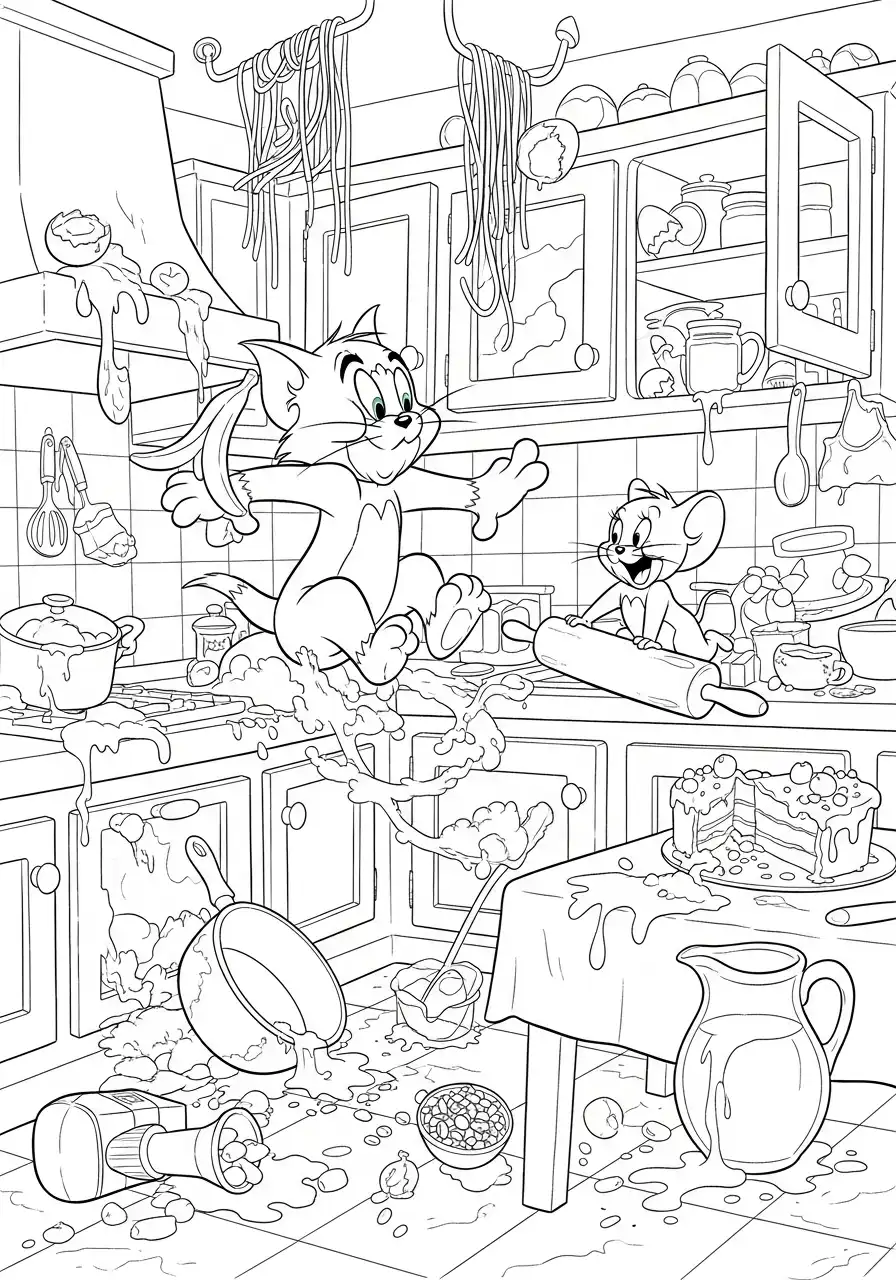 Kleurplaat Tom en Jerry 24 tom en jerry keuken chaos kleurplaat