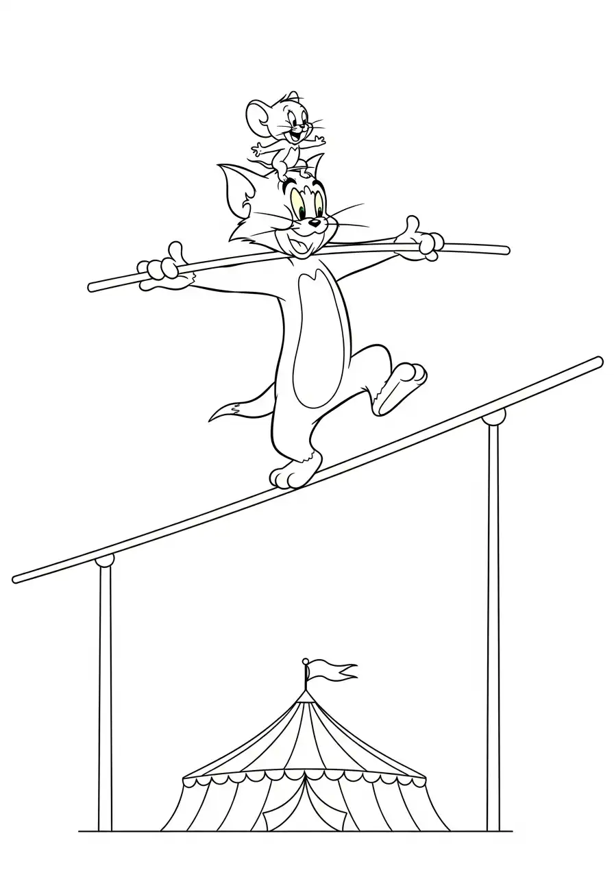 Kleurplaat Tom en Jerry 25 tom en jerry koorddansen in het circus kleurplaat
