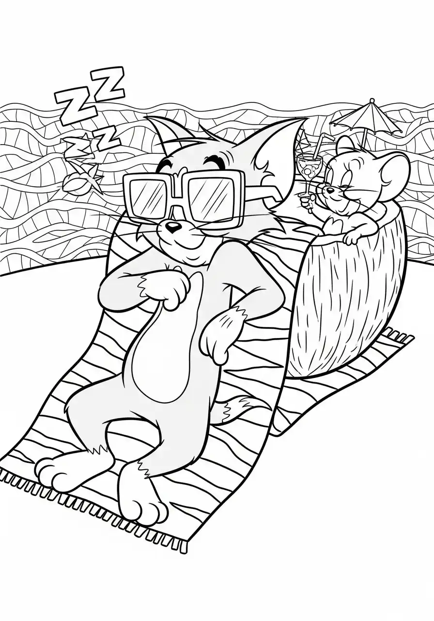 Kleurplaat Tom en Jerry 26 tom en jerry op het strand kleurplaat