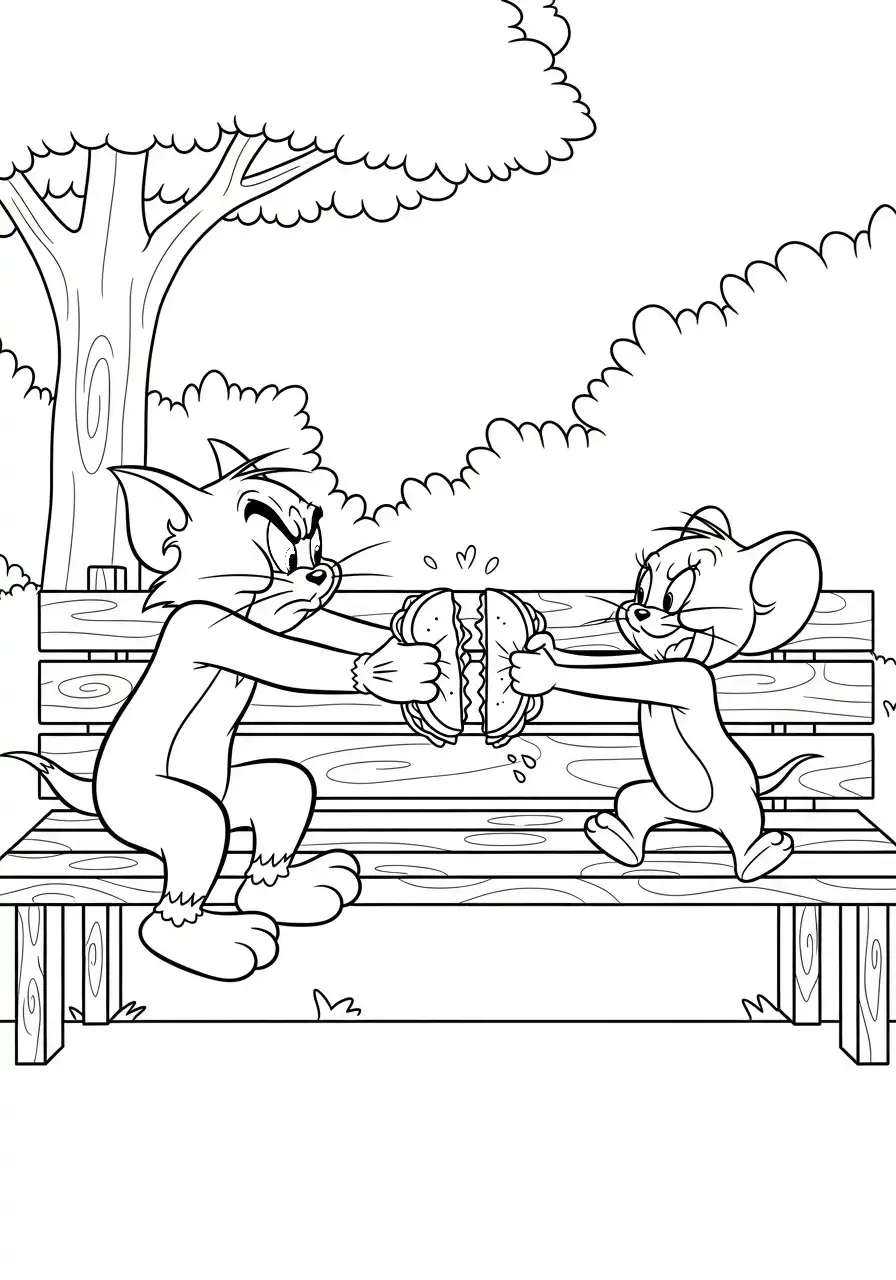 Kleurplaat Tom en Jerry 30 tom en jerry vechten om hamburger op bankje kleurplaat