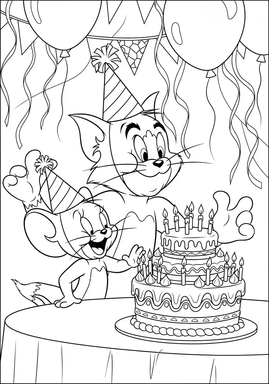 Kleurplaat Tom en Jerry 31 tom en jerry verjaardagsfeest met taart kleurplaat