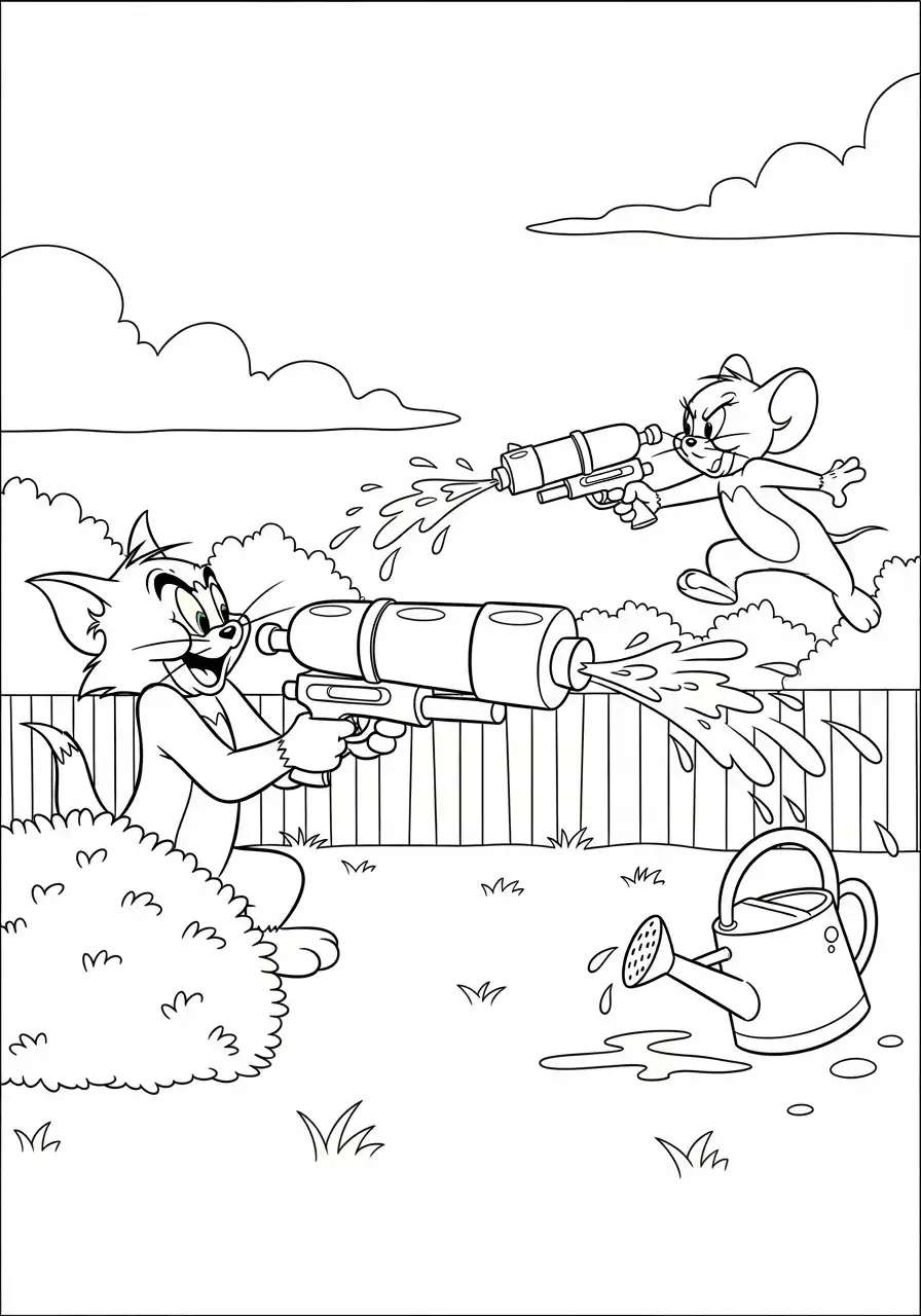 Kleurplaat Tom en Jerry 32 tom en jerry waterpistool gevecht kleurplaat