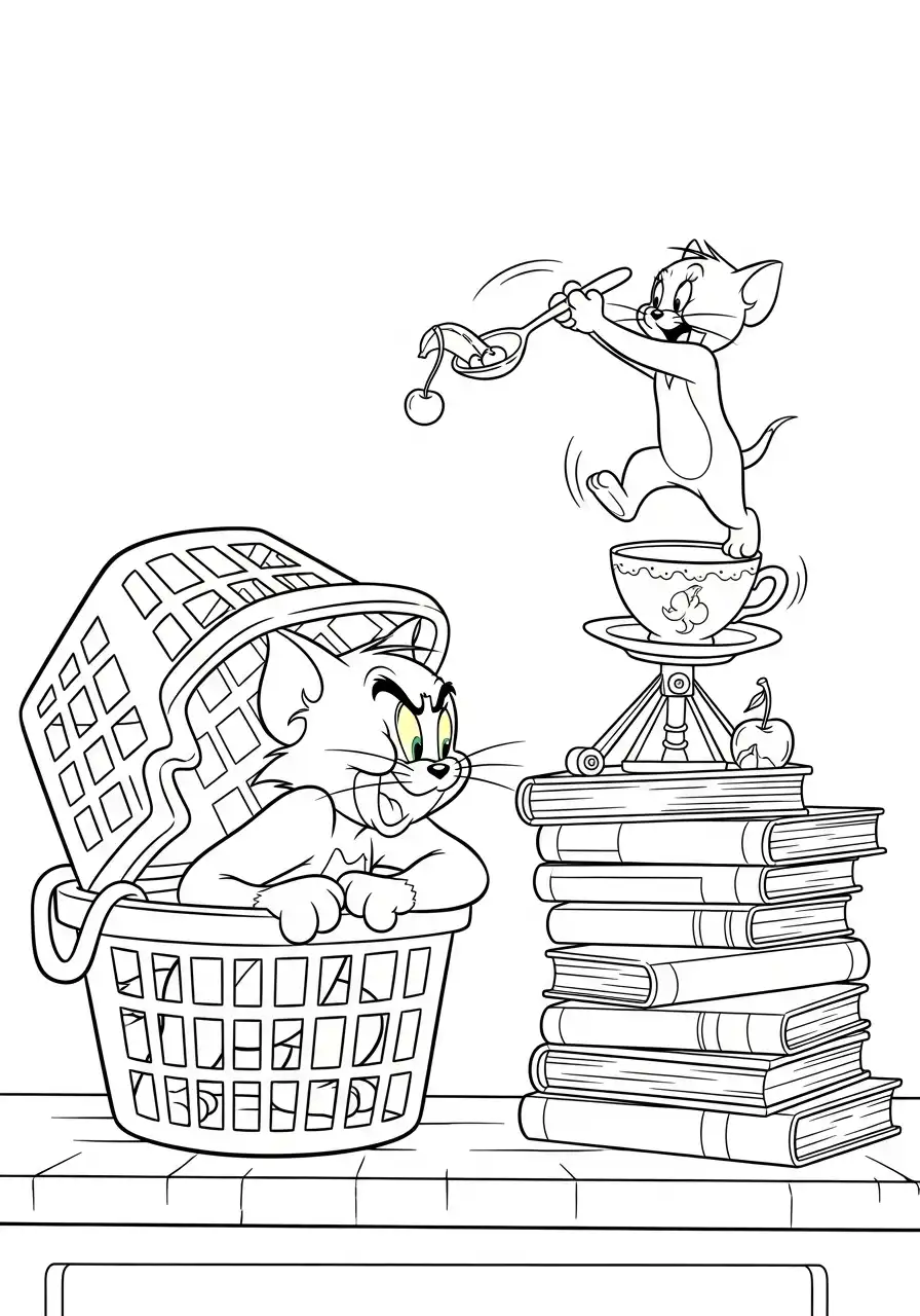 Kleurplaat Tom en Jerry 33 tom in wasmand jerry op boeken kleurplaat