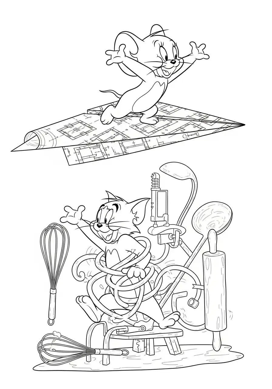 Kleurplaat Tom en Jerry 36 tom verstrikt in de keuken kleurplaat