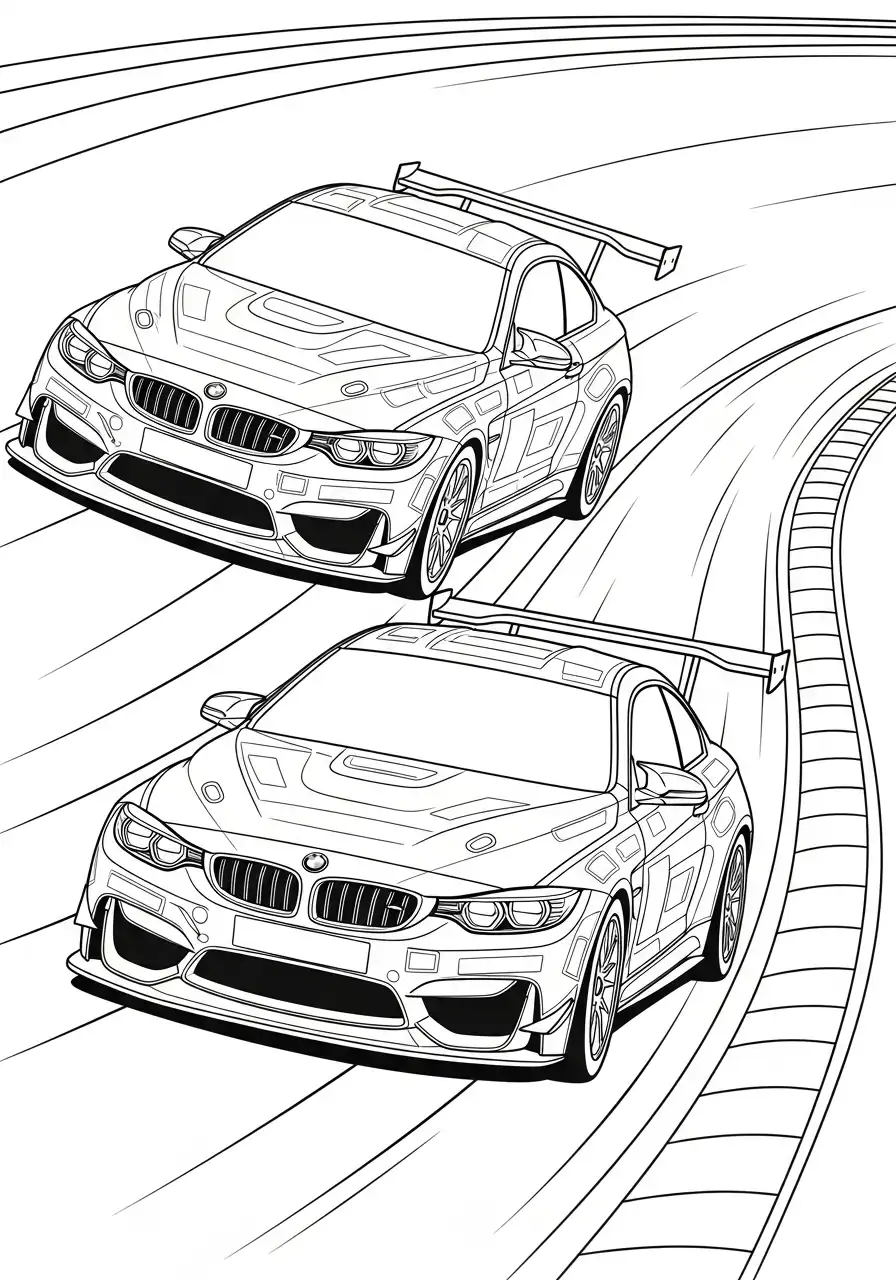 twee bmw m4 gt raceautos in de bocht