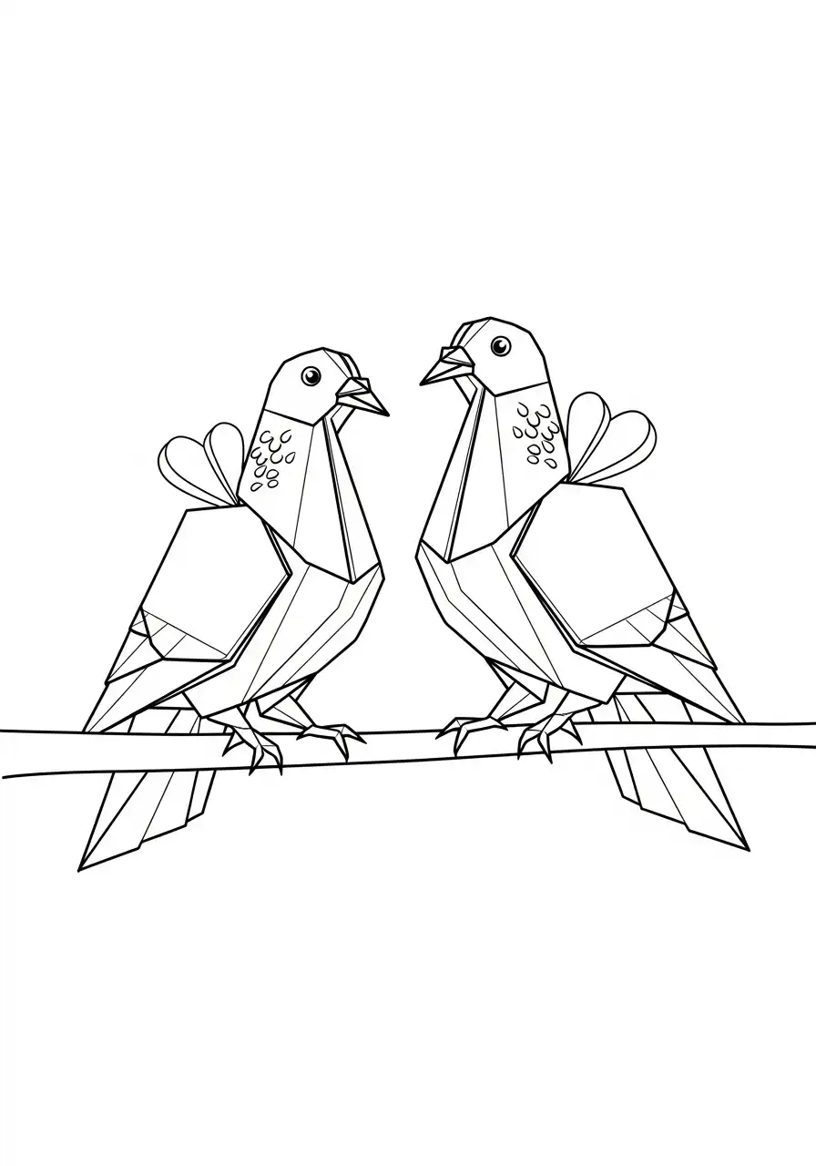 twee origami duiven op tak kleurplaat