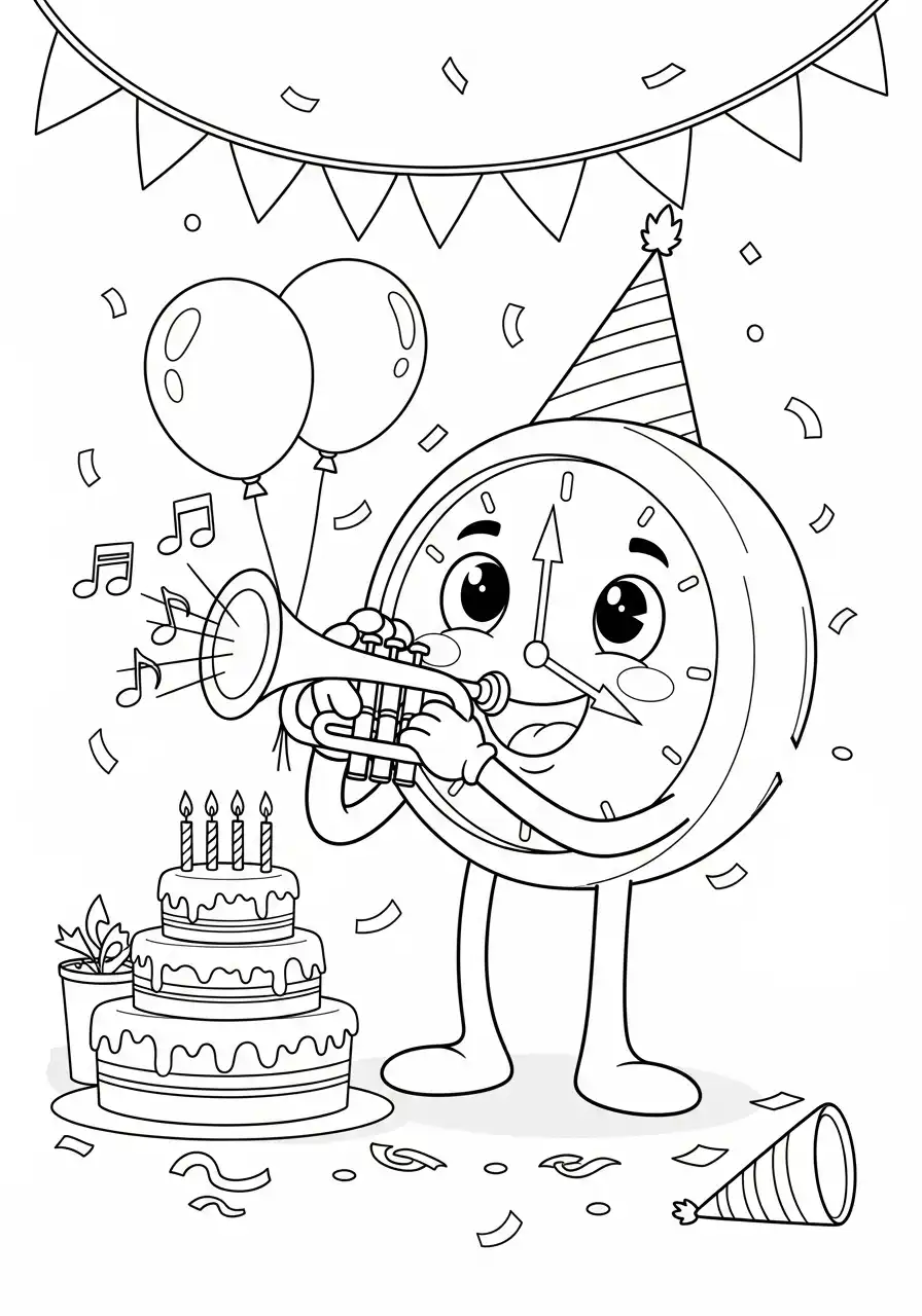 verjaardags klok met trompet kleurplaat