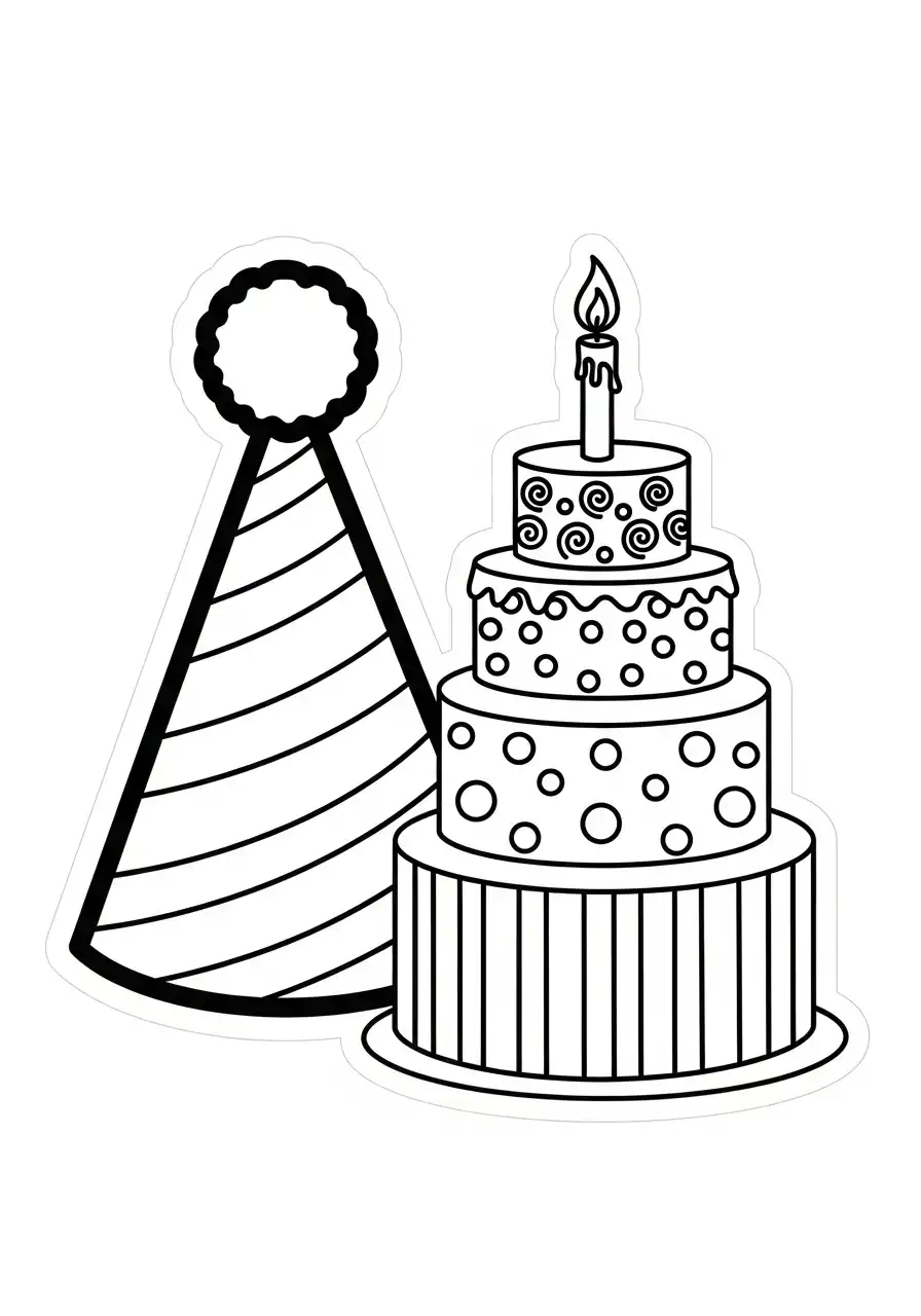 Kleurplaat Sticker 33 verjaardagstaart feesthoed kleurplaat